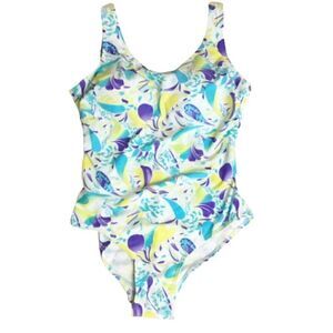 Swimsuit One Piece Emily B White Aqua Purple Yellow Tropical Bra Cup Large